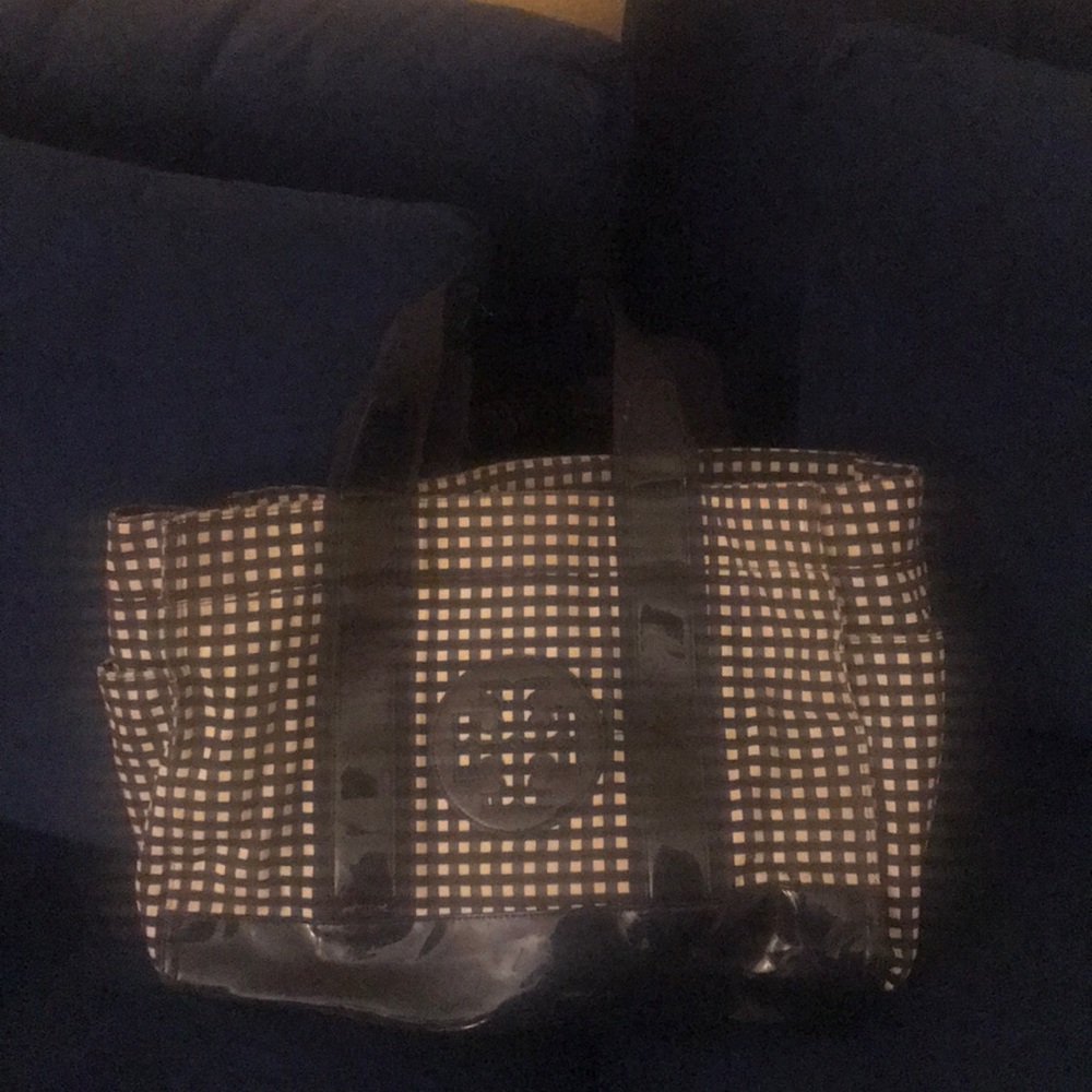 Tory Burch navy and white checkered tote bag